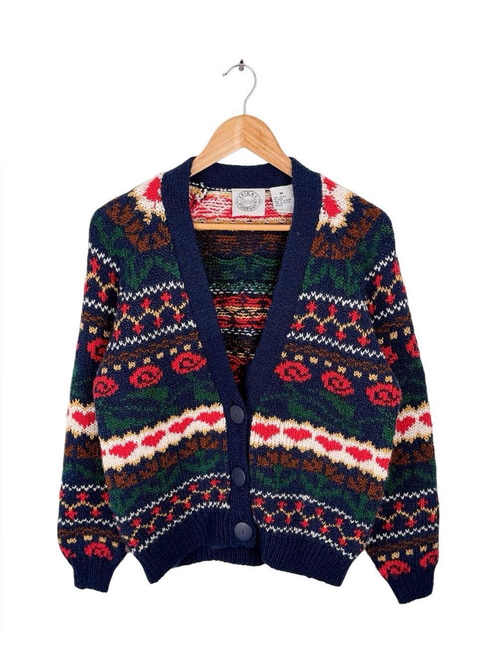 Vintage Womens Medium Cardigan Sweater Floral Rose Heart Fair‎ Isle Knit Cottage